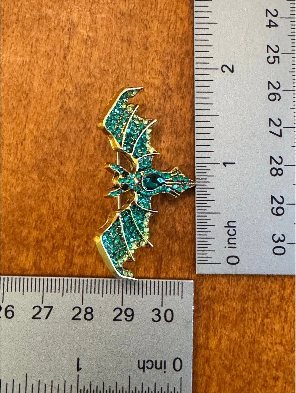 Gold Tone Green Rhinestone Bat Brooch Pin 384